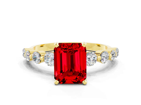 Yellow gold Emerald Cut Solitaire Ruby Ring with Pave Band and Four-Prong Setting
