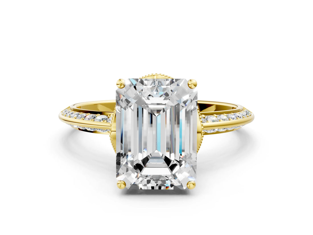 Yellow gold Emerald Cut Solitaire Split Shank Pave Diamond Engagement Ring with Four-Prong Setting_13