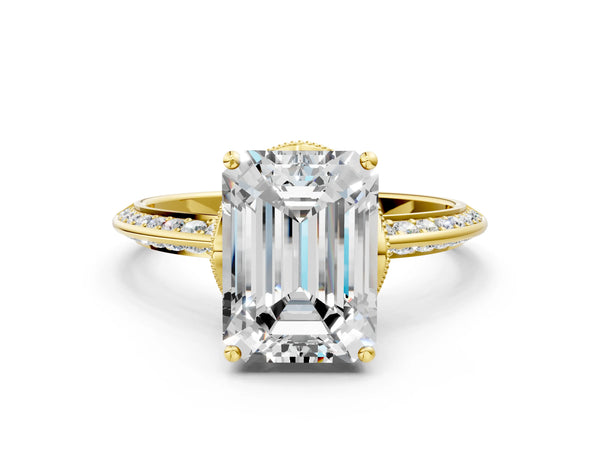 Yellow Gold Emerald Cut Graduated Pave Engagement Ring Setting