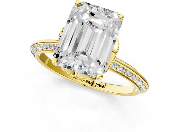Yellow Gold Emerald Cut Graduated Pave Engagement Ring Setting