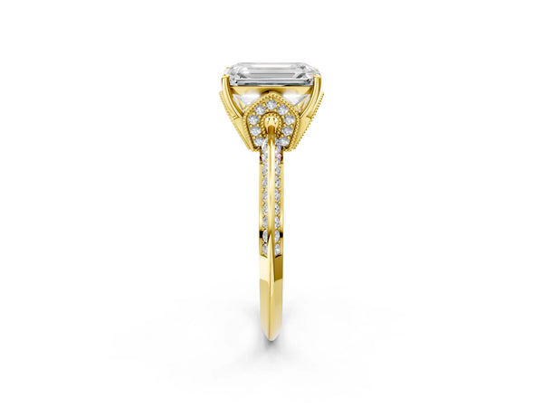 Yellow Gold Emerald Cut Graduated Pave Engagement Ring Setting