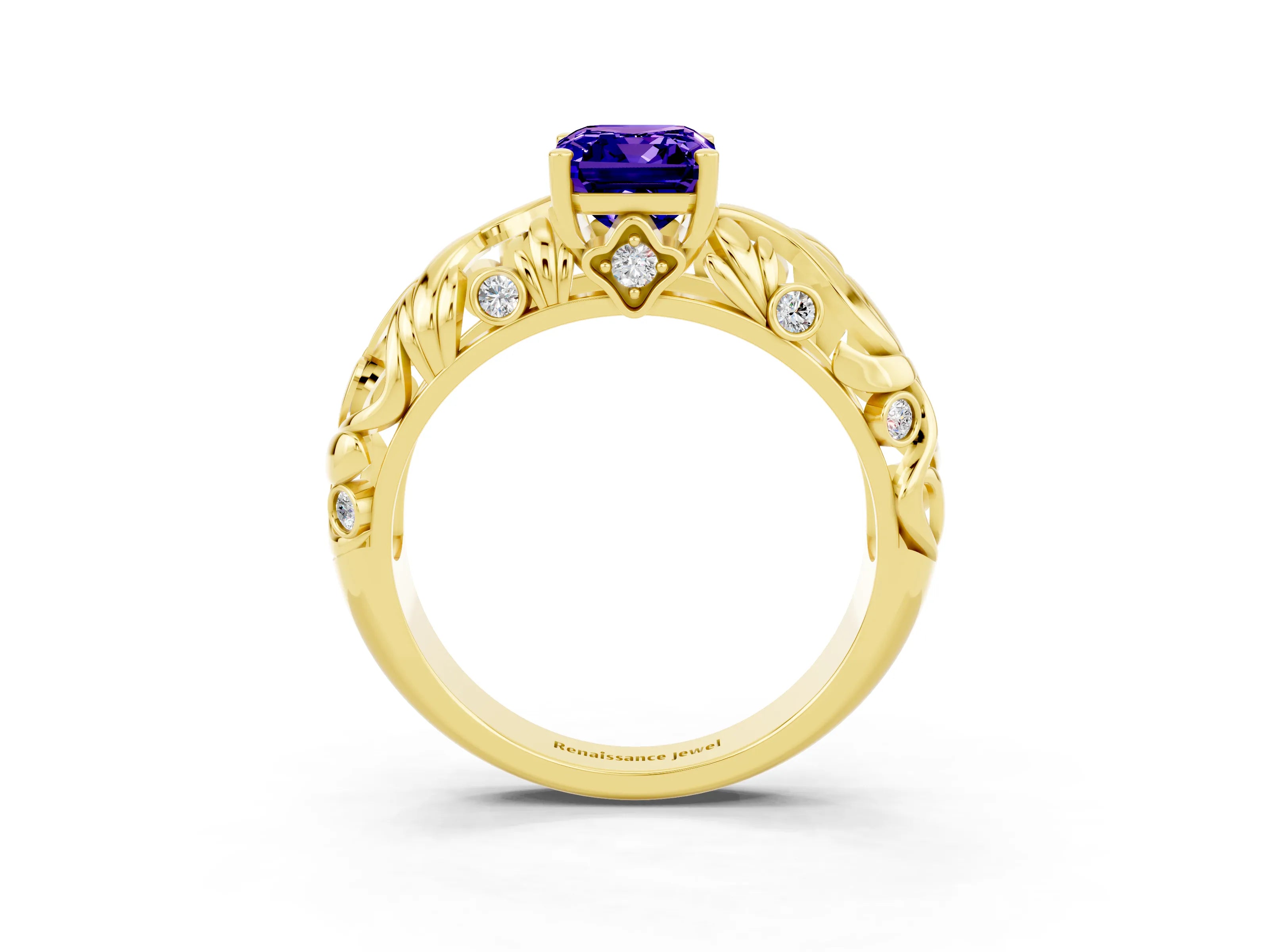 Yellow gold Emerald Cut Solitaire Tanzanite Leaf-Inspired Vine Band Ring with Prong Setting_3