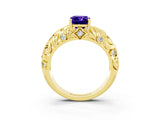 Yellow gold Emerald Cut Solitaire Tanzanite Leaf-Inspired Vine Band Ring with Prong Setting_3