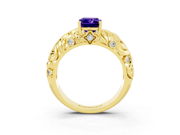 Yellow gold Emerald Cut Solitaire Tanzanite Leaf-Inspired Vine Band Ring with Prong Setting