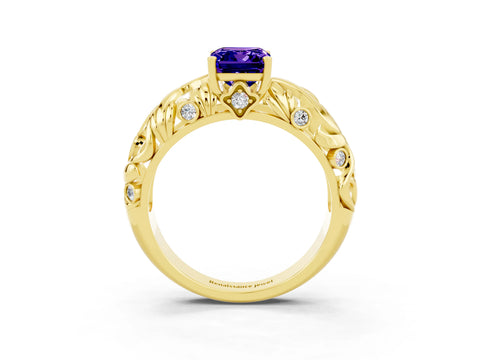 Yellow gold Emerald Cut Solitaire Tanzanite Leaf-Inspired Vine Band Ring with Prong Setting_3