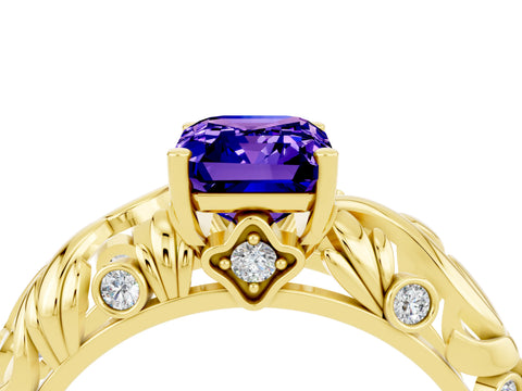 Yellow gold Emerald Cut Solitaire Tanzanite Leaf-Inspired Vine Band Ring with Prong Setting_4