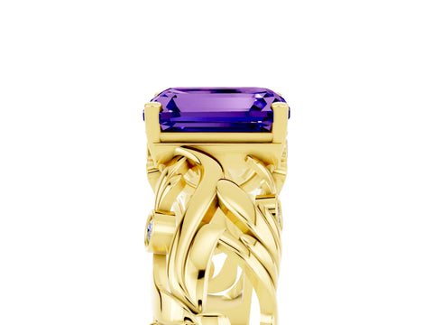 Yellow gold Emerald Cut Solitaire Tanzanite Leaf-Inspired Vine Band Ring with Prong Setting_5