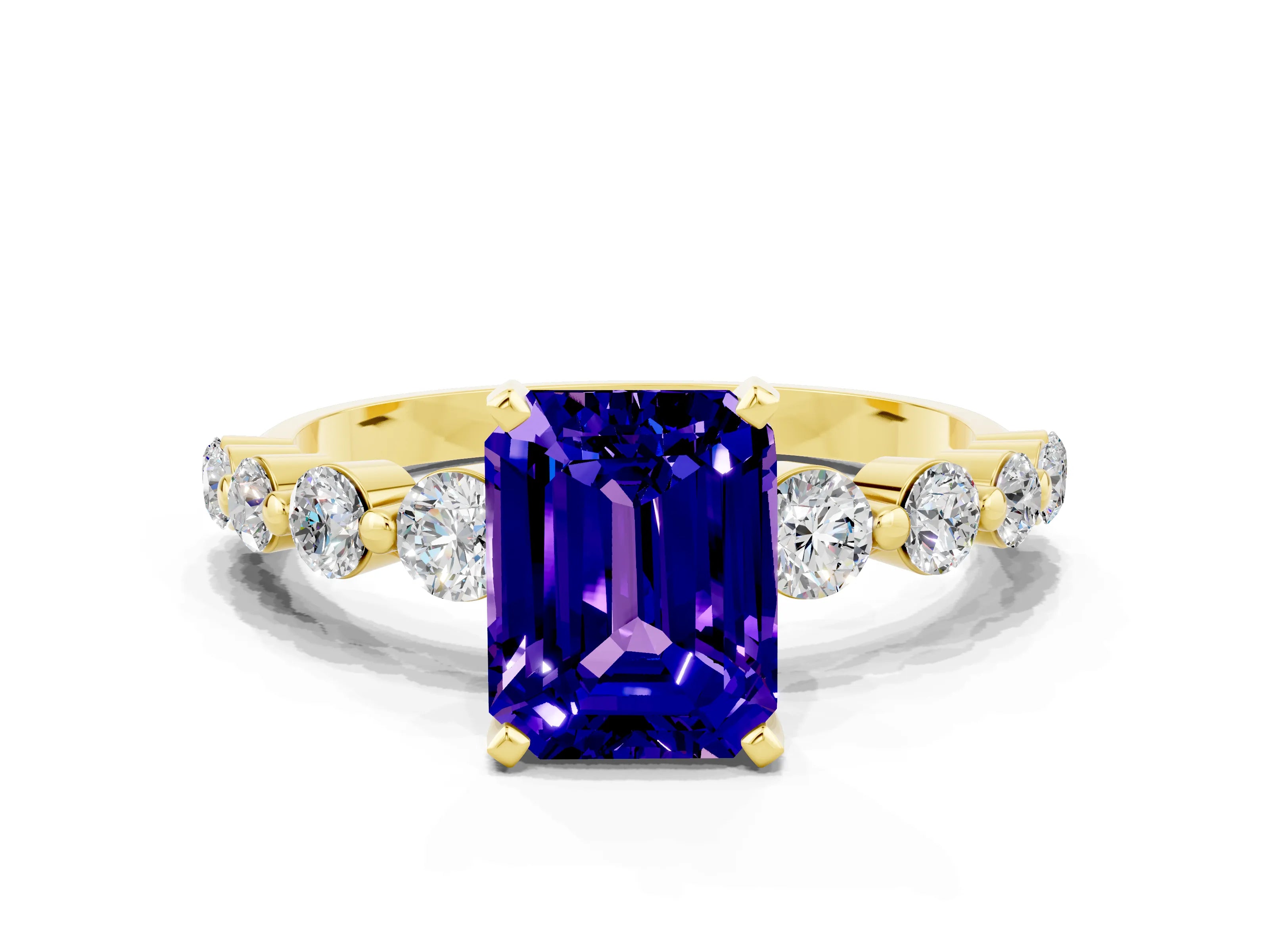 Yellow gold Emerald Cut Solitaire Tanzanite Ring with Pave Band and Four-Prong Setting
