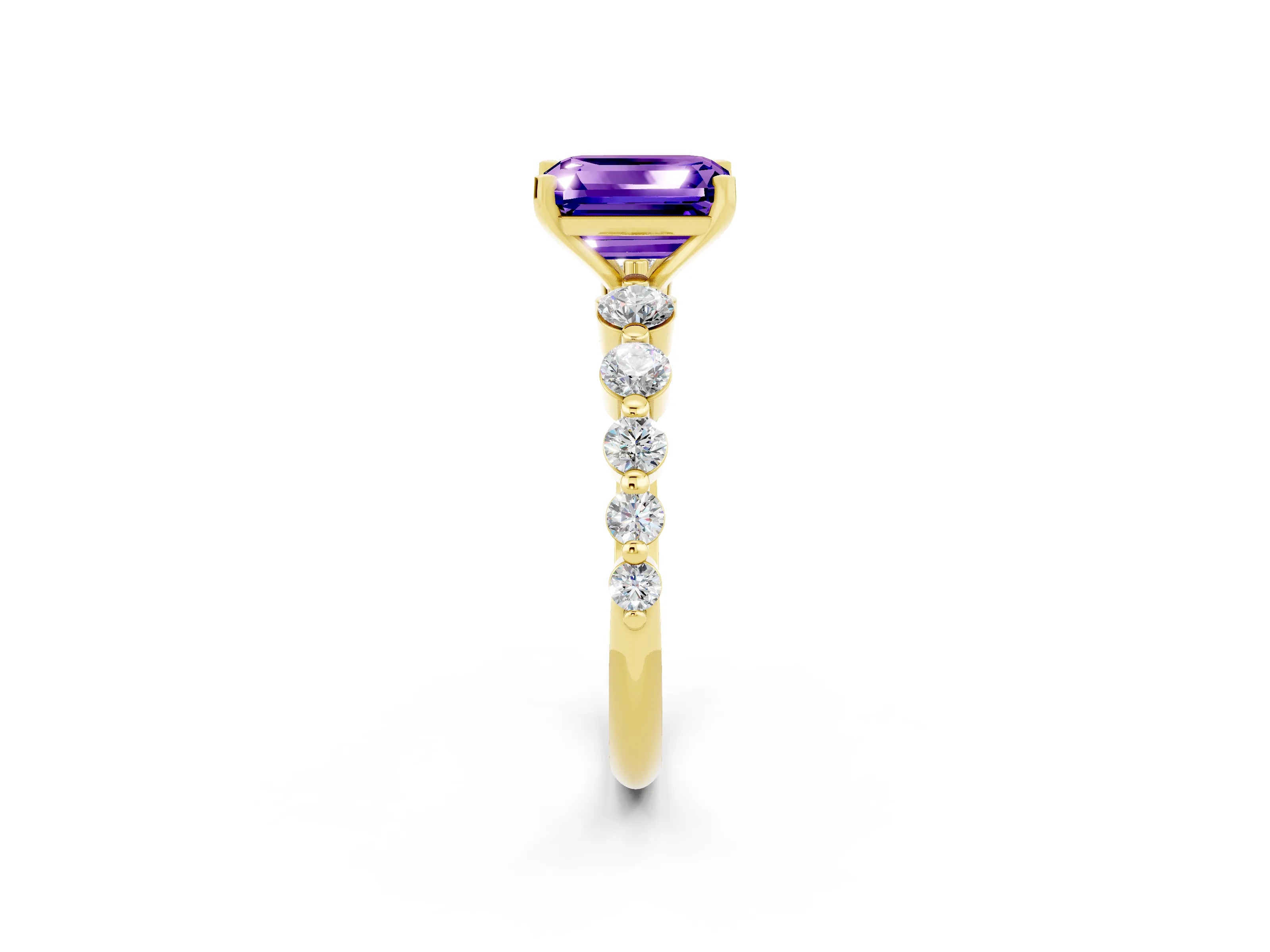 Yellow gold Emerald Cut Solitaire Tanzanite Ring with Pave Band and Four-Prong Setting_2