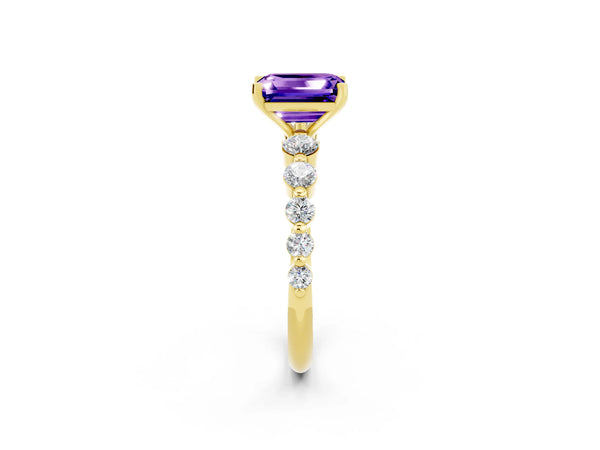 Yellow gold Emerald Cut Solitaire Tanzanite Ring with Pave Band and Four-Prong Setting