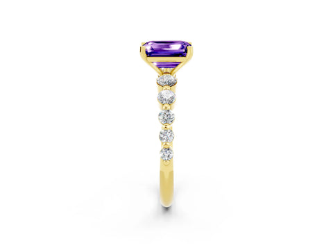 Yellow gold Emerald Cut Solitaire Tanzanite Ring with Pave Band and Four-Prong Setting_2