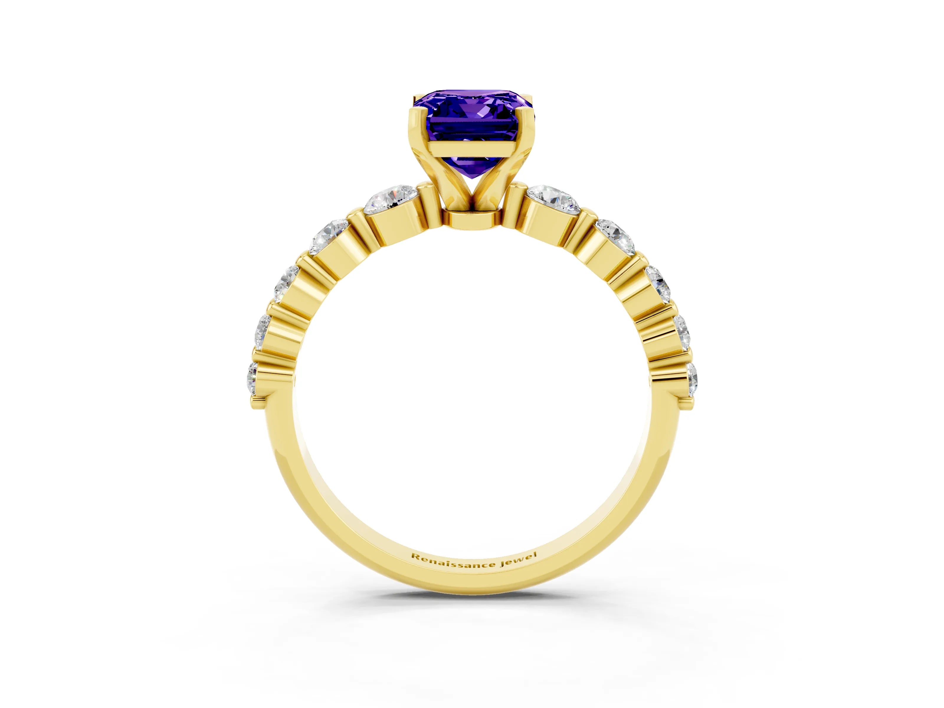 Yellow gold Emerald Cut Solitaire Tanzanite Ring with Pave Band and Four-Prong Setting_3