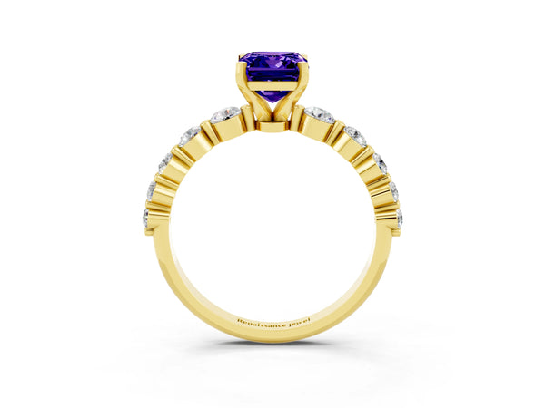 Yellow gold Emerald Cut Solitaire Tanzanite Ring with Pave Band and Four-Prong Setting