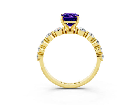Yellow gold Emerald Cut Solitaire Tanzanite Ring with Pave Band and Four-Prong Setting_3