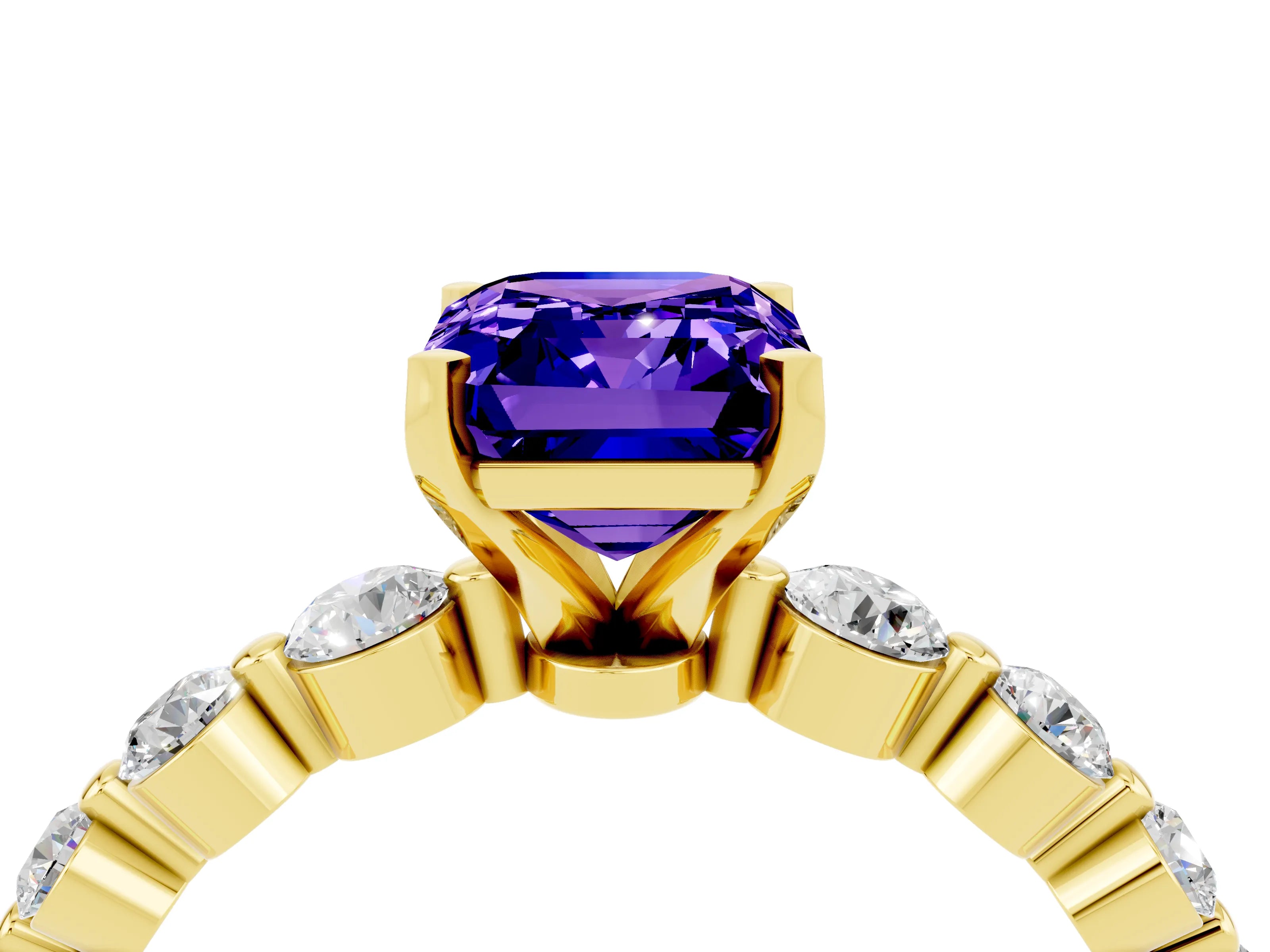 Yellow gold Emerald Cut Solitaire Tanzanite Ring with Pave Band and Four-Prong Setting_4