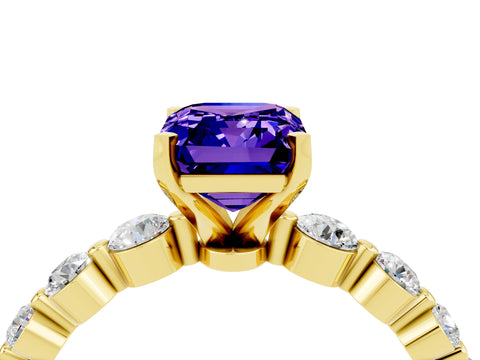 Yellow gold Emerald Cut Solitaire Tanzanite Ring with Pave Band and Four-Prong Setting_4
