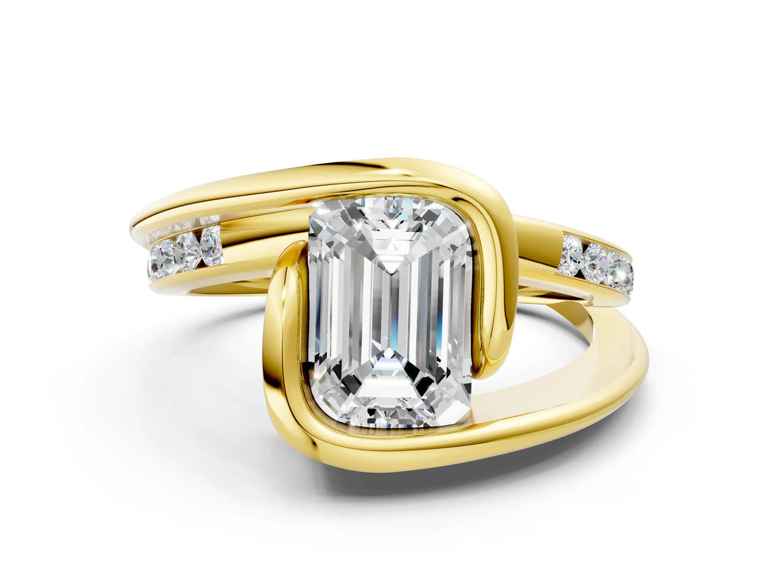 Yellow gold Emerald Cut Solitaire Tension-Set Diamond Split Shank Ring_20