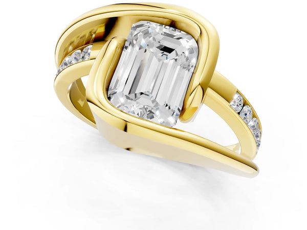 Yellow gold Emerald Cut Solitaire Tension-Set Diamond Split Shank Ring