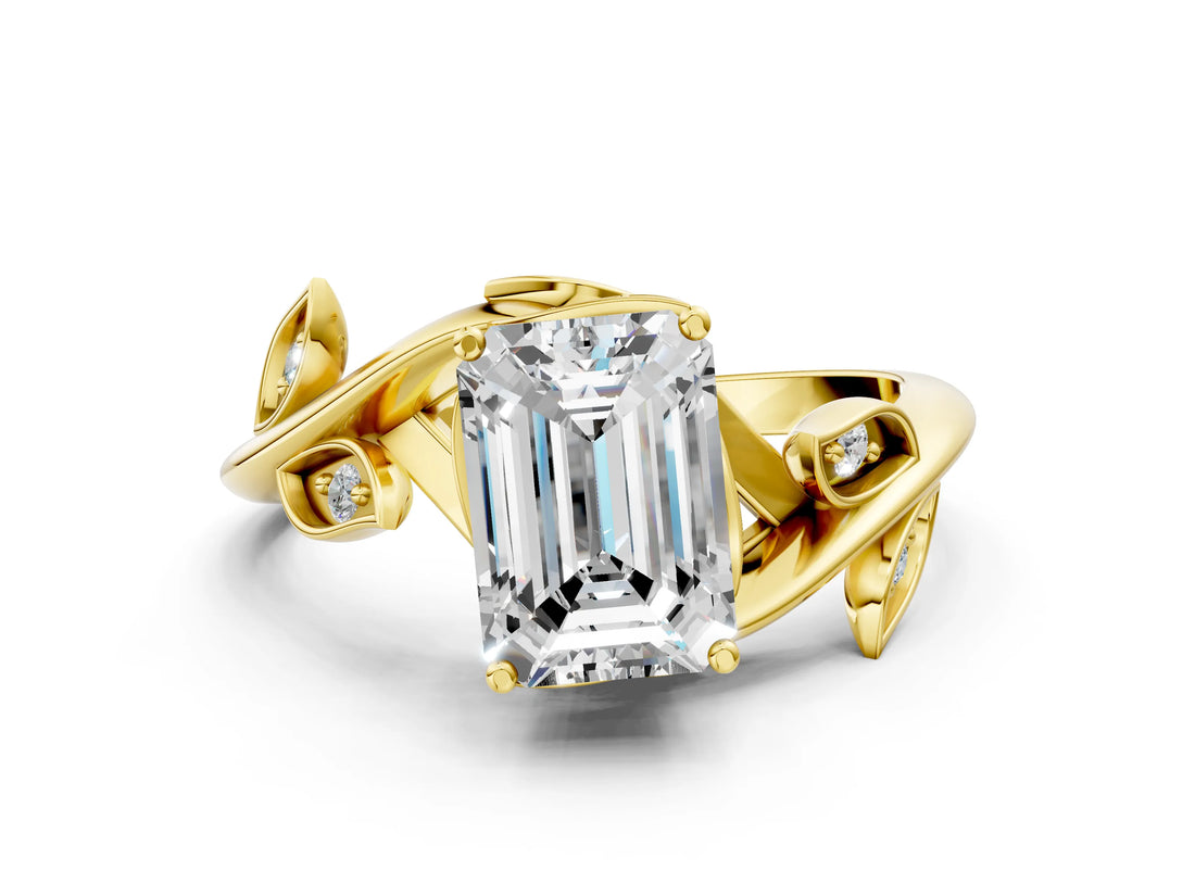 Yellow gold Emerald Cut Solitaire Twist Engagement Ring with Leaf Accents and Prong Setting_15