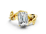 Yellow gold Emerald Cut Solitaire Twist Engagement Ring with Leaf Accents and Prong Setting_15