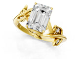 Yellow gold Emerald Cut Solitaire Twist Engagement Ring with Leaf Accents and Prong Setting_16