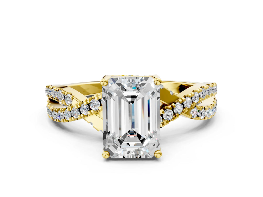 Yellow gold Emerald Cut Solitaire Twist Pave Diamond Engagement Ring with Prong Setting_15