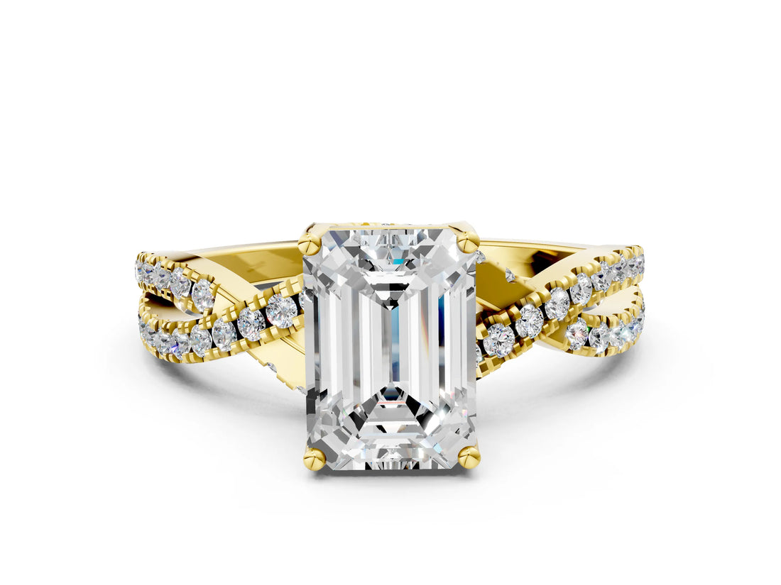 Yellow gold Emerald Cut Solitaire Twist Pave Diamond Engagement Ring with Prong Setting_39