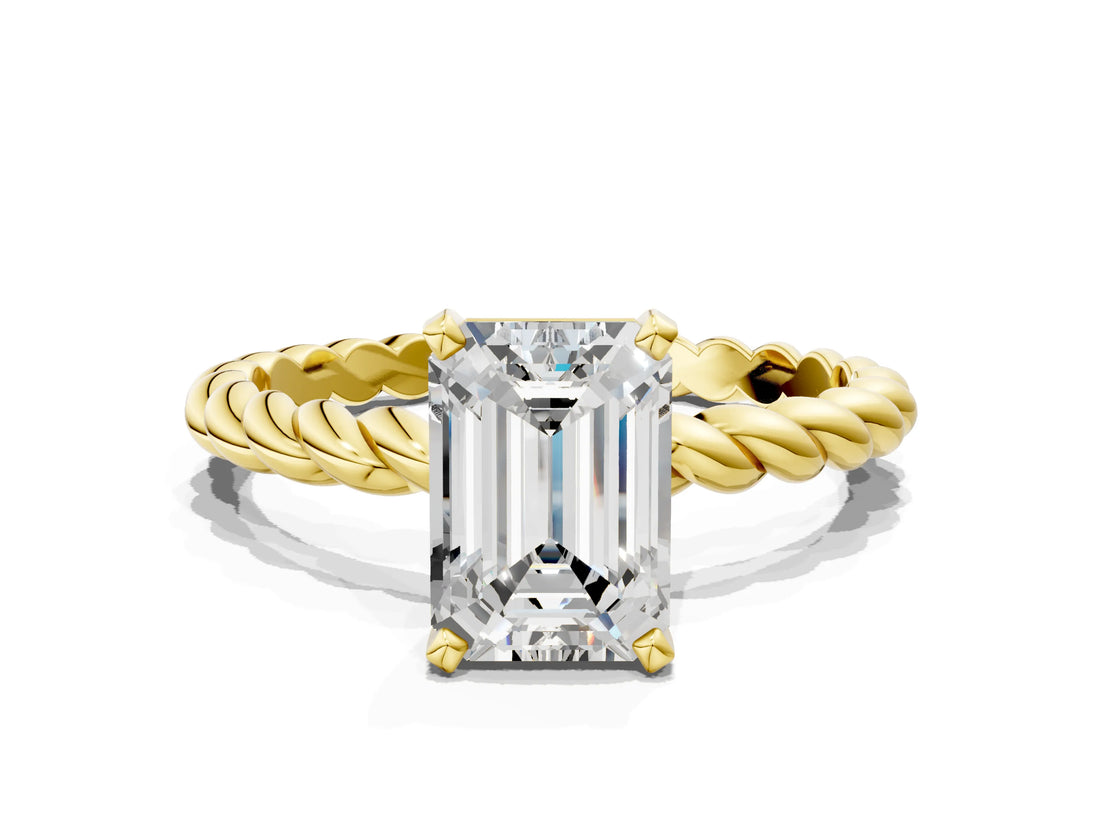 Yellow gold Emerald Cut Solitaire Twisted Band with Four-Prong Setting_92