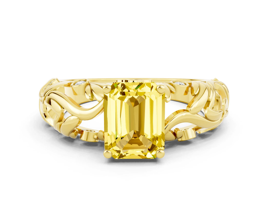 Yellow gold Emerald Cut Solitaire Yellow Sapphire Leaf-Inspired Vine Band Ring with Prong Setting_24