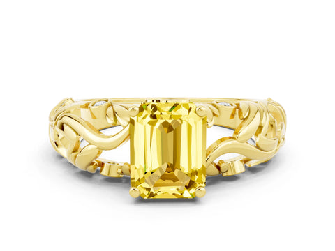 Yellow gold Emerald Cut Solitaire Yellow Sapphire Leaf-Inspired Vine Band Ring with Prong Setting_24