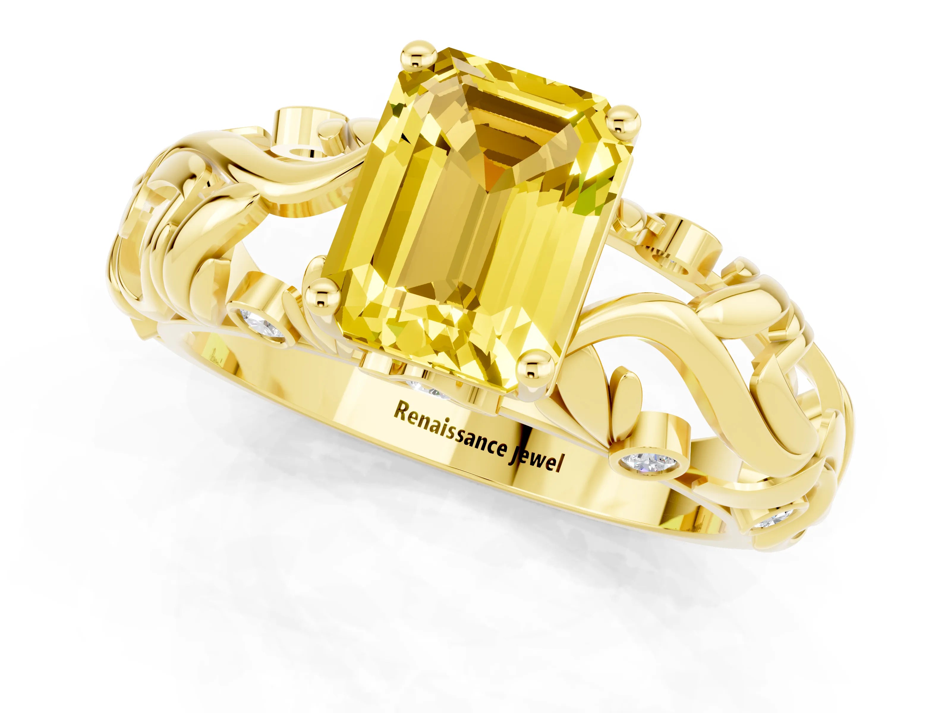 Yellow gold Emerald Cut Solitaire Yellow Sapphire Leaf-Inspired Vine Band Ring with Prong Setting_25