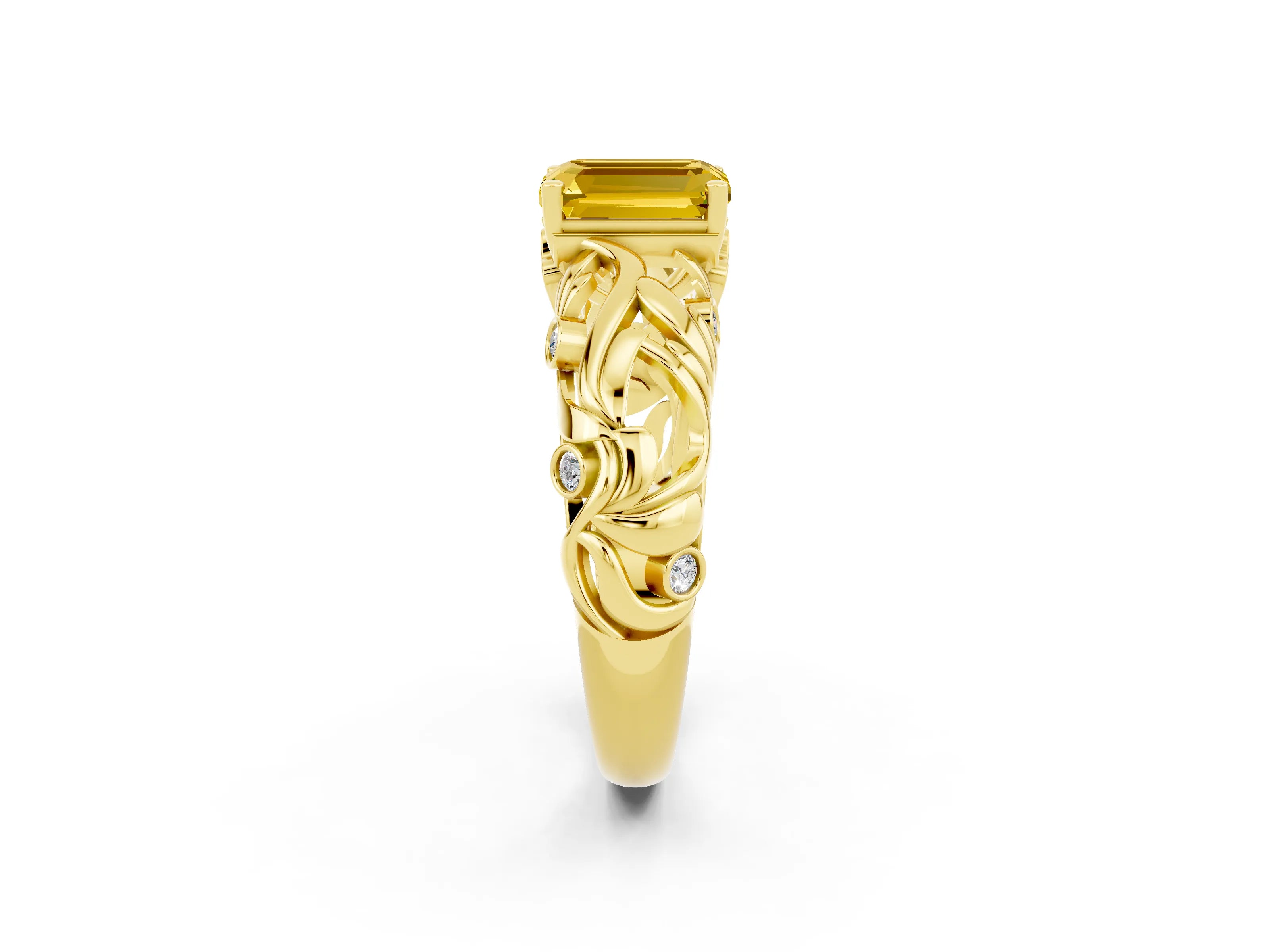 Yellow gold Emerald Cut Solitaire Yellow Sapphire Leaf-Inspired Vine Band Ring with Prong Setting_26