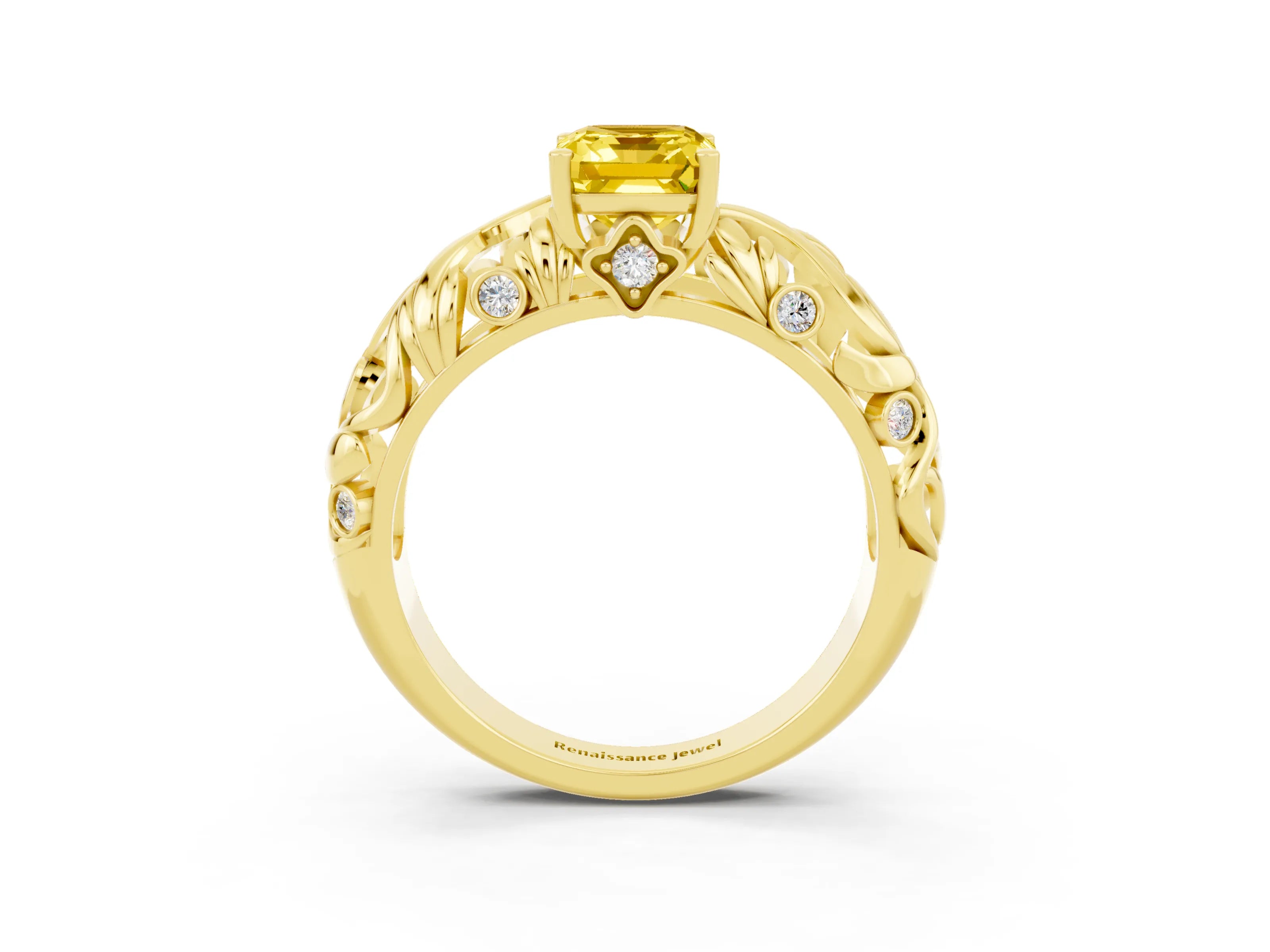 Yellow gold Emerald Cut Solitaire Yellow Sapphire Leaf-Inspired Vine Band Ring with Prong Setting_27