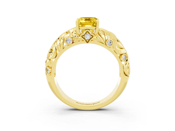 Yellow gold Emerald Cut Solitaire Yellow Sapphire Leaf-Inspired Vine Band Ring with Prong Setting