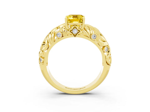 Yellow gold Emerald Cut Solitaire Yellow Sapphire Leaf-Inspired Vine Band Ring with Prong Setting_27