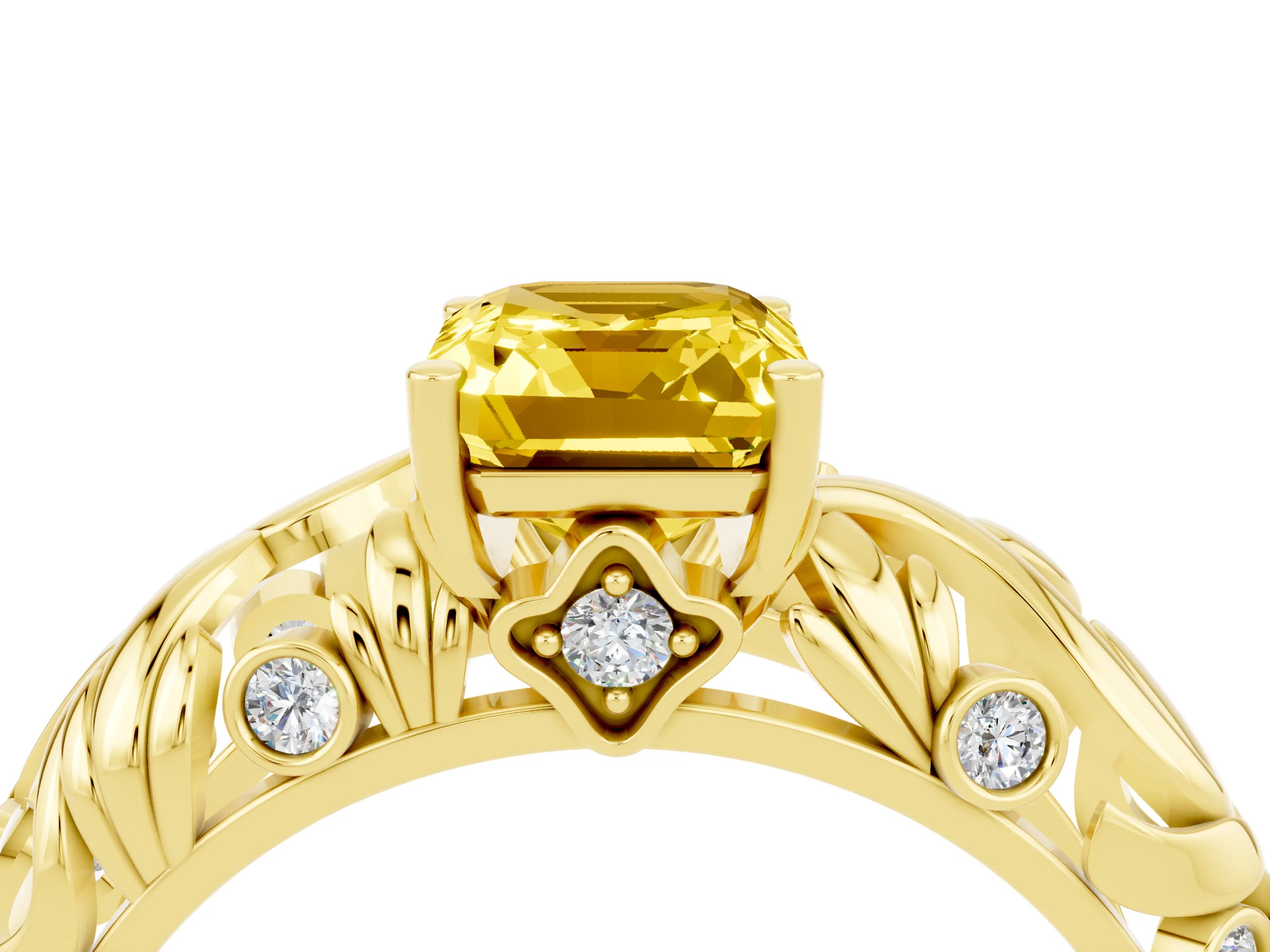 Yellow gold Emerald Cut Solitaire Yellow Sapphire Leaf-Inspired Vine Band Ring with Prong Setting_28
