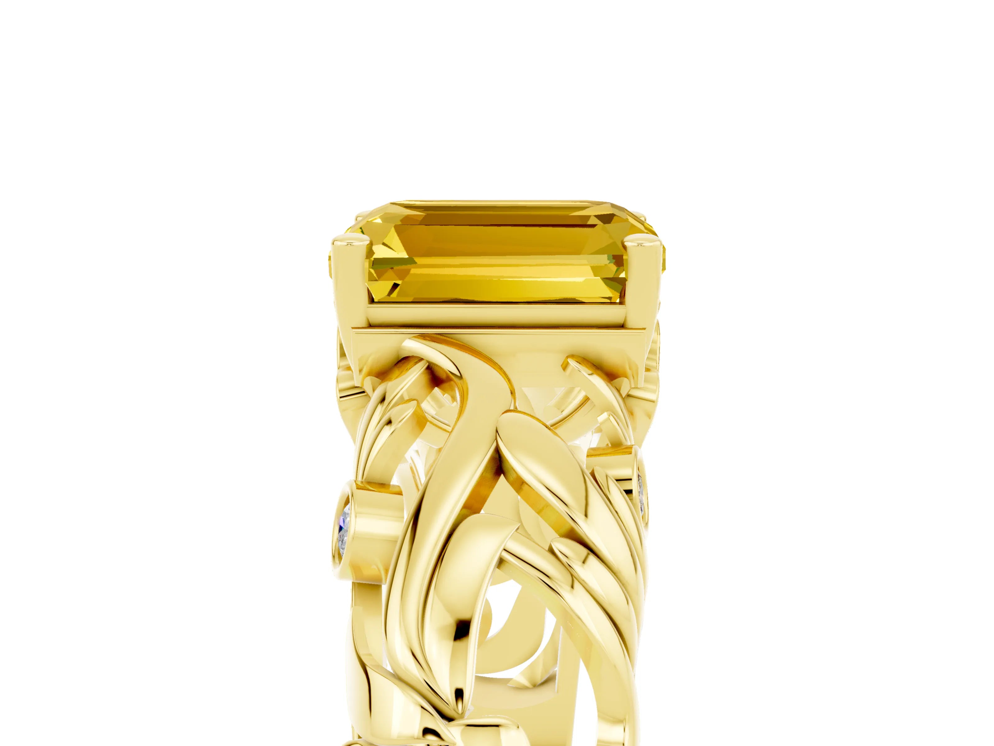 Yellow gold Emerald Cut Solitaire Yellow Sapphire Leaf-Inspired Vine Band Ring with Prong Setting_29