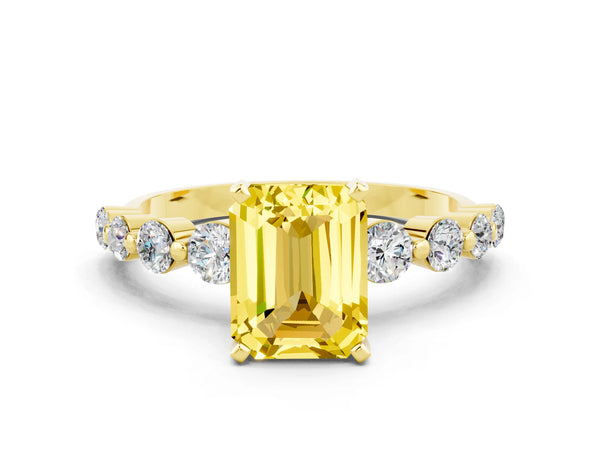 Yellow gold Emerald Cut Solitaire Yellow Sapphire Ring with Pave Band and Four-Prong Setting