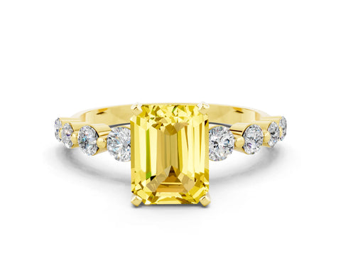 Yellow gold Emerald Cut Solitaire Yellow Sapphire Ring with Pave Band and Four-Prong Setting_24