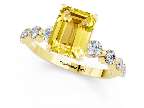 Yellow gold Emerald Cut Solitaire Yellow Sapphire Ring with Pave Band and Four-Prong Setting_25