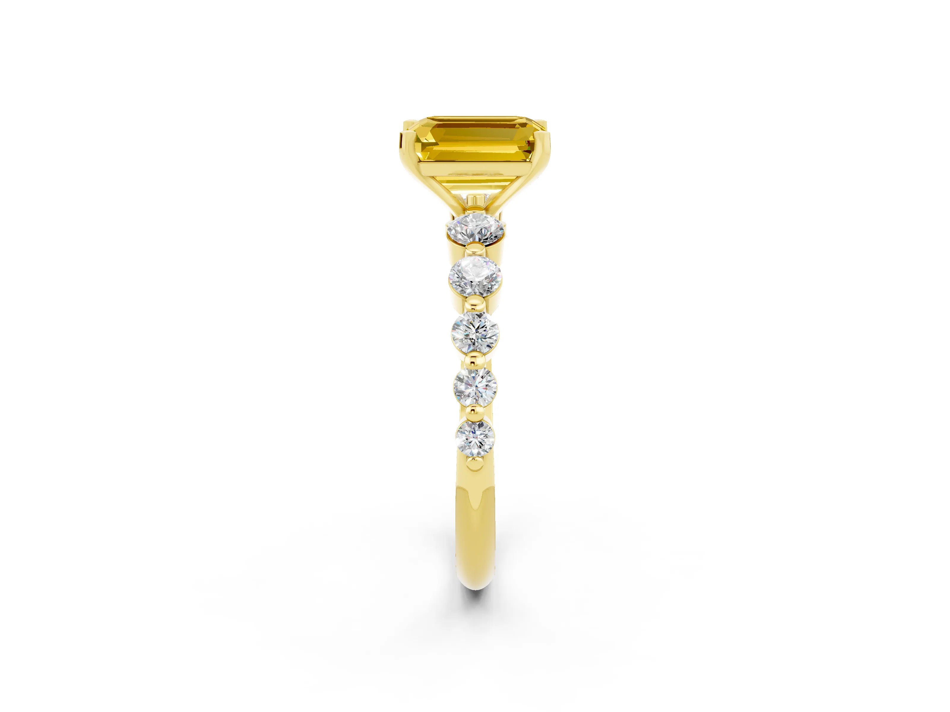 Yellow gold Emerald Cut Solitaire Yellow Sapphire Ring with Pave Band and Four-Prong Setting_26