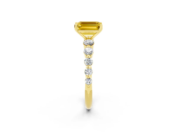 Yellow gold Emerald Cut Solitaire Yellow Sapphire Ring with Pave Band and Four-Prong Setting