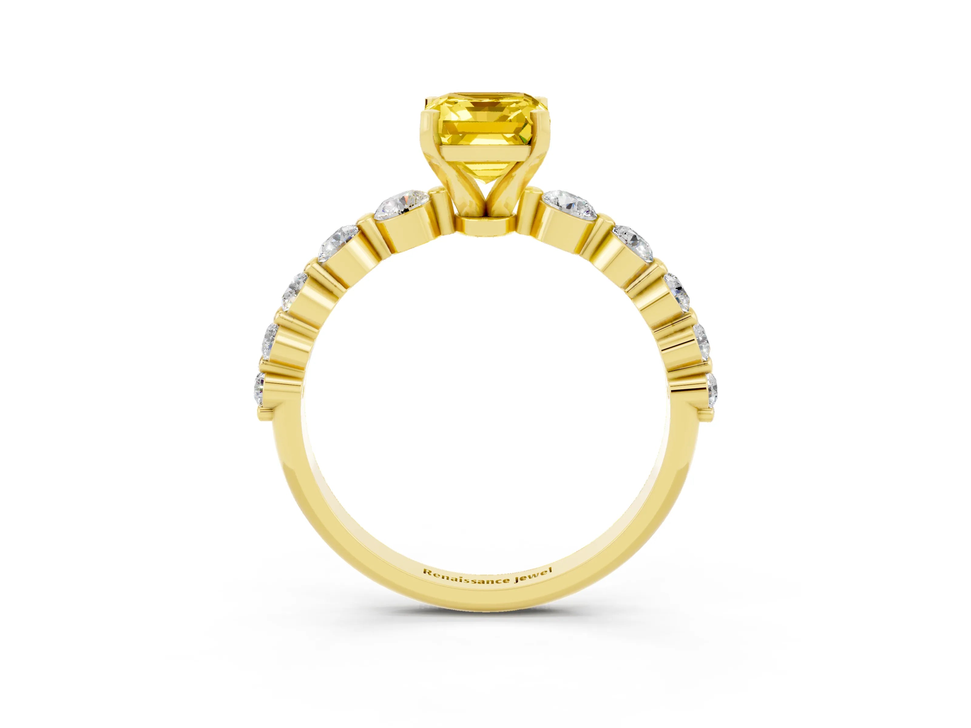 Yellow gold Emerald Cut Solitaire Yellow Sapphire Ring with Pave Band and Four-Prong Setting_27