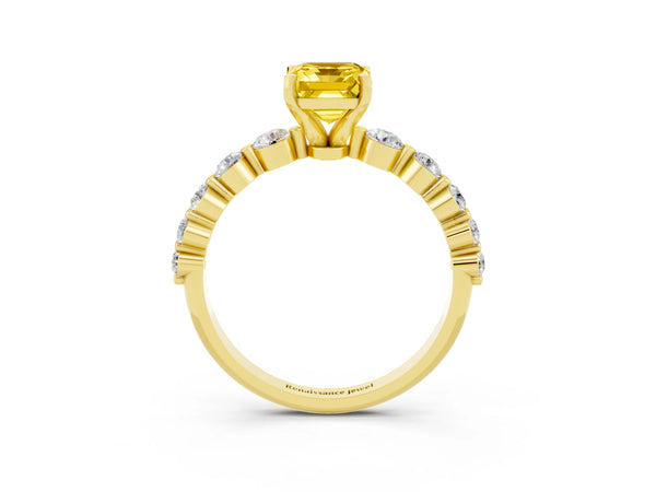 Yellow gold Emerald Cut Solitaire Yellow Sapphire Ring with Pave Band and Four-Prong Setting
