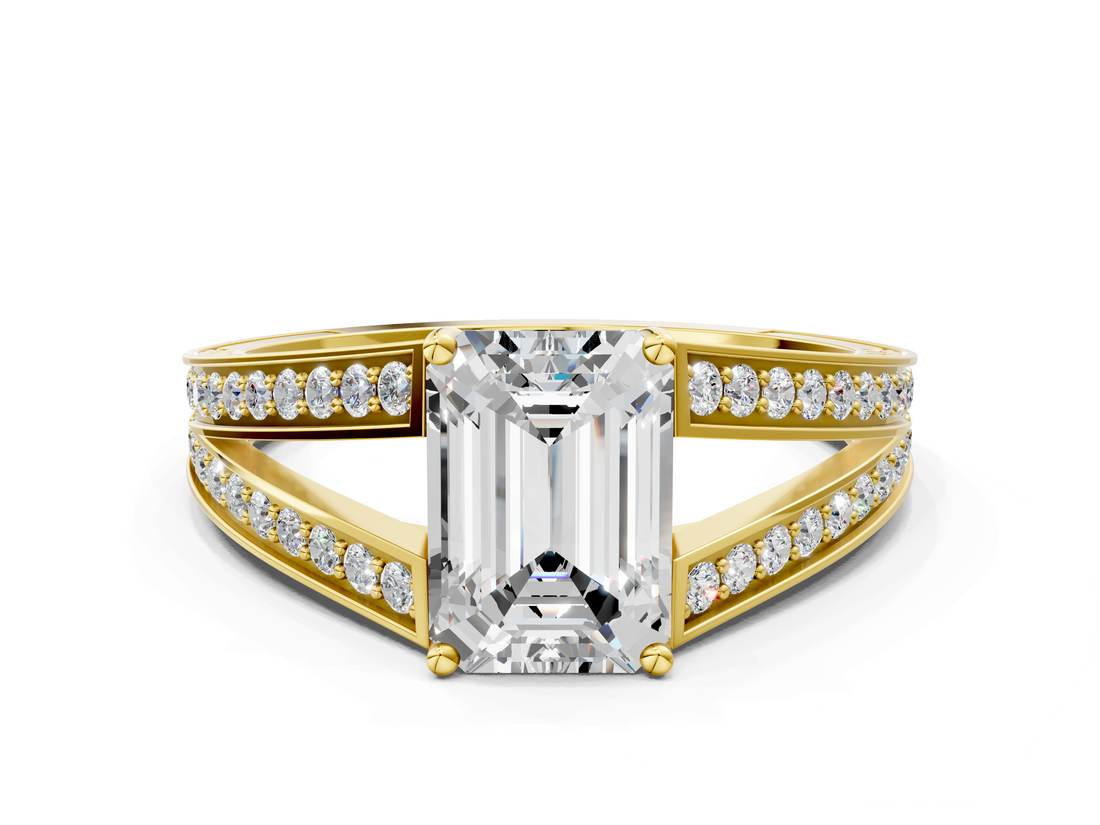 Yellow gold Emerald Cut Split Shank Pave Diamond Ring with Four-Prong Setting_44