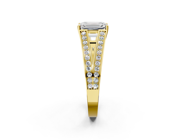 Yellow Gold Emerald Cut Split Shank Engagement Ring Setting with Pave Band and Engraved Sides