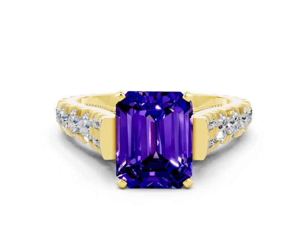 Yellow gold Emerald Cut Tanzanite Classic Solitaire Ring with Pavé Band and Four-Prong Setting