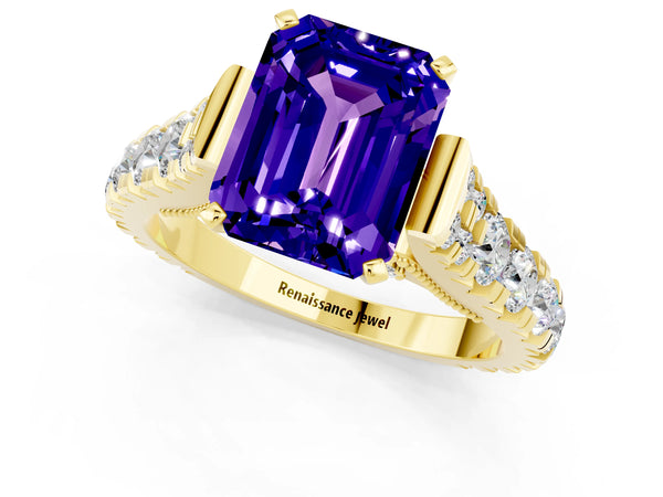 Yellow gold Emerald Cut Tanzanite Classic Solitaire Ring with Pavé Band and Four-Prong Setting
