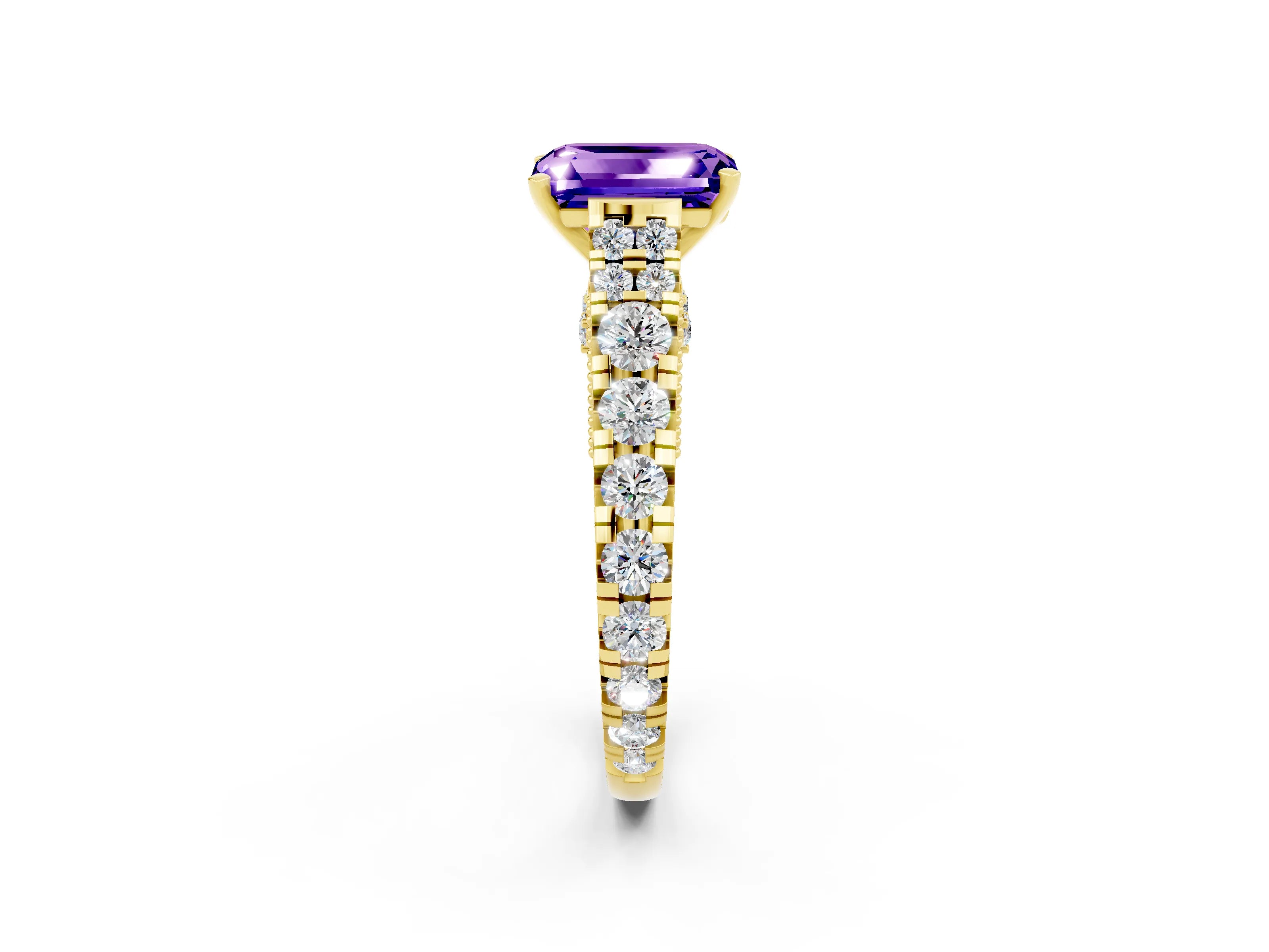 Yellow gold Emerald Cut Tanzanite Classic Solitaire Ring with Pavé Band and Four-Prong Setting_2