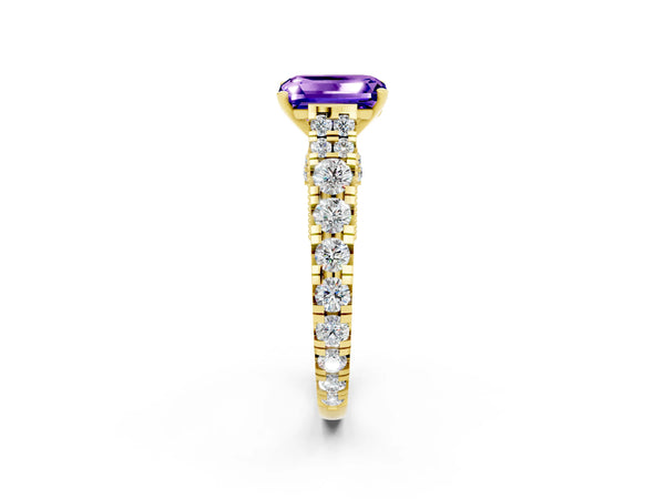 Yellow gold Emerald Cut Tanzanite Classic Solitaire Ring with Pavé Band and Four-Prong Setting